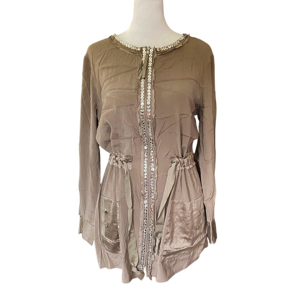 Elie Tahari Silk Sequin Tunic Top Jacket Taupe Medium Long Sleeve Glam Evening